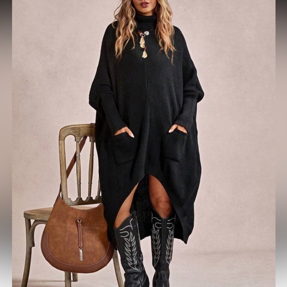 Black Oversized High Cowl
Neck Hi Low Asymmetrical Hem Sweater Dress - Picture 1 of 16